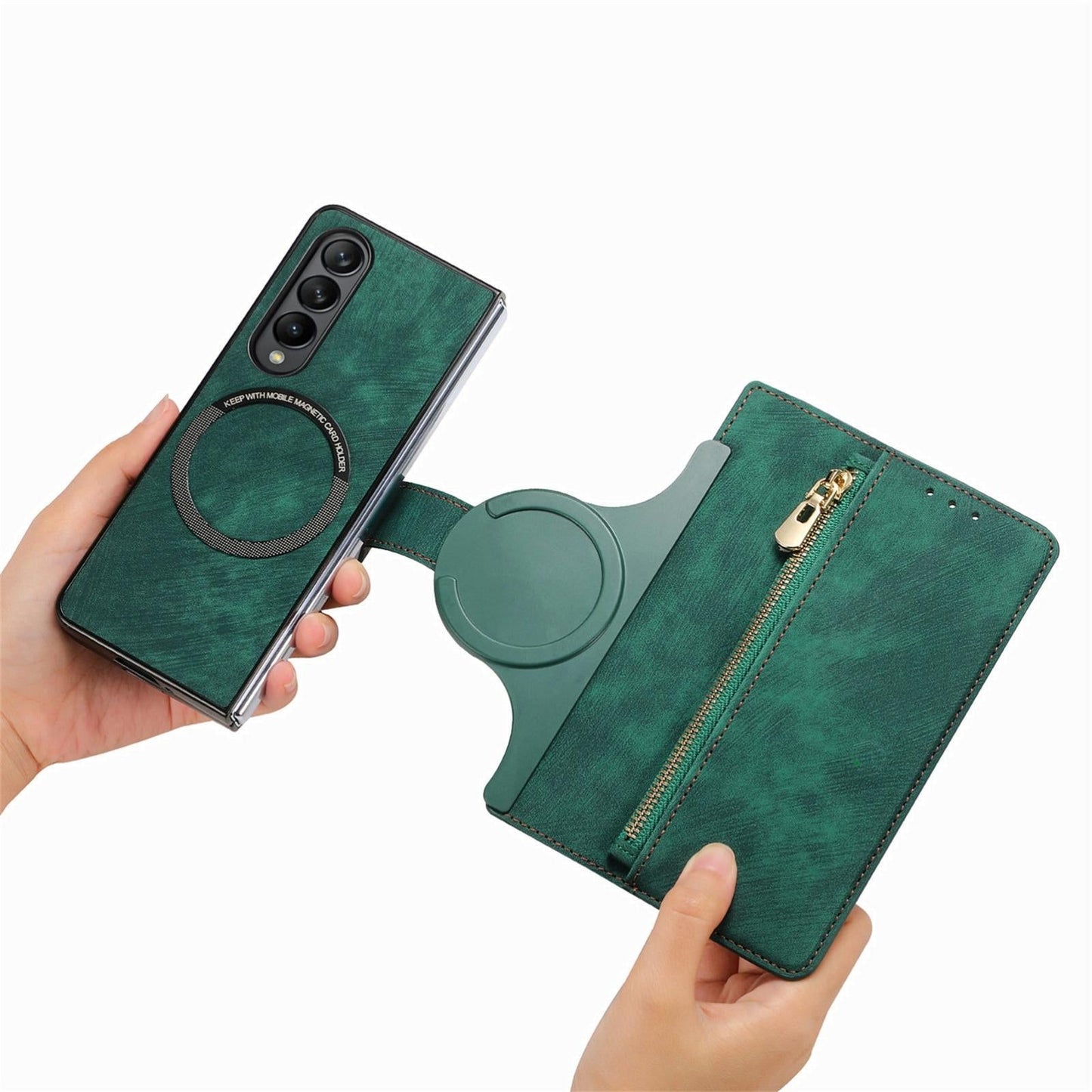 Vintage Magnetic Wallet Case for Samsung Galaxy z Fold 4 - Zipper Closure - Green