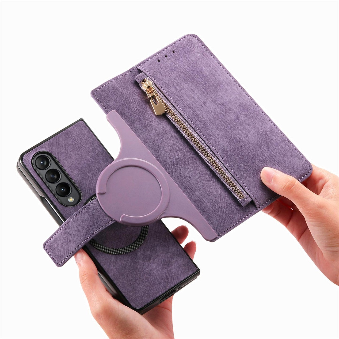 Vintage Magnetic Wallet Case for Samsung Galaxy z Fold 4 - Zipper Closure - Green
