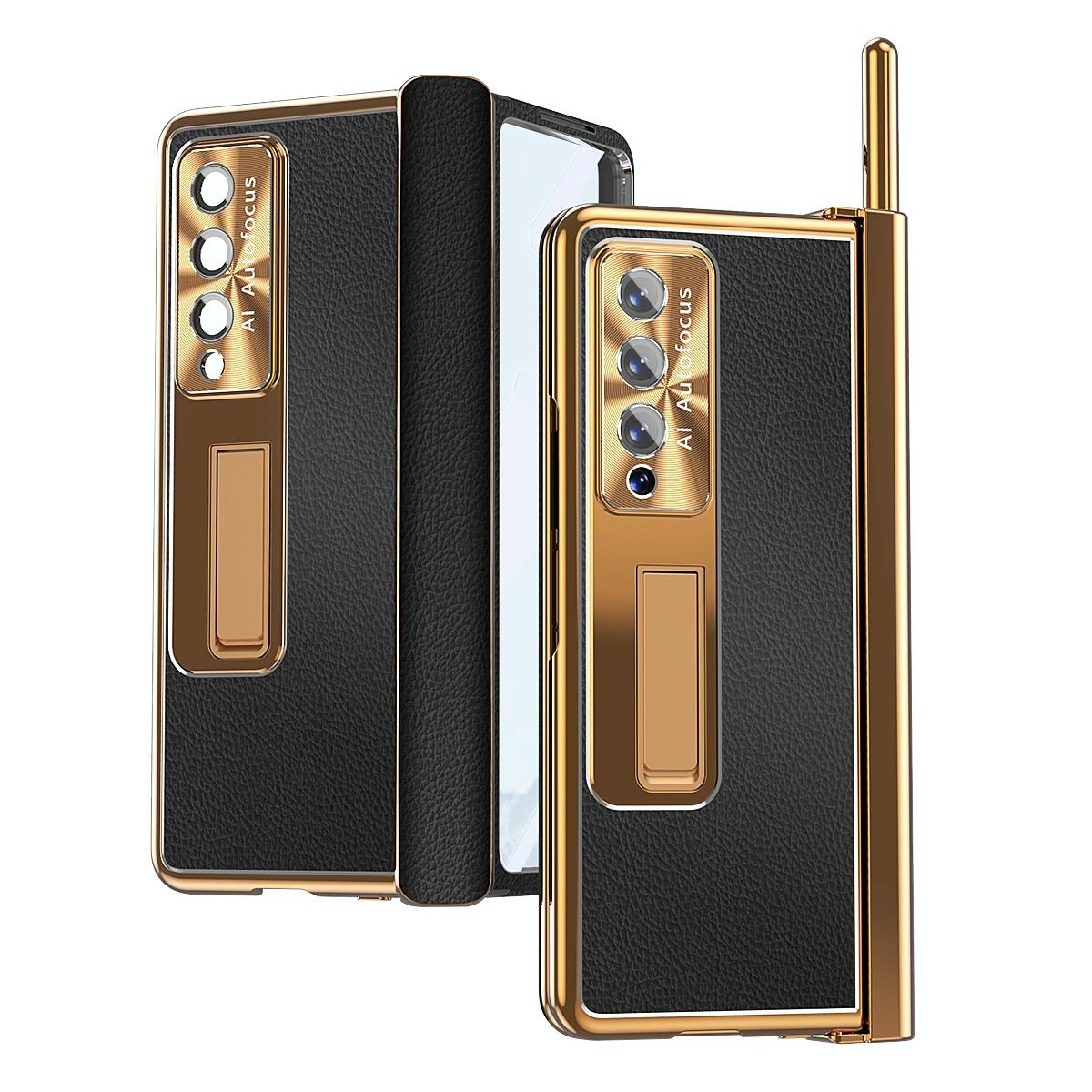 Shockproof Magnetic Litchi Pattern Phone Case for Samsung Galaxy z Fold 4 - Silver Gold