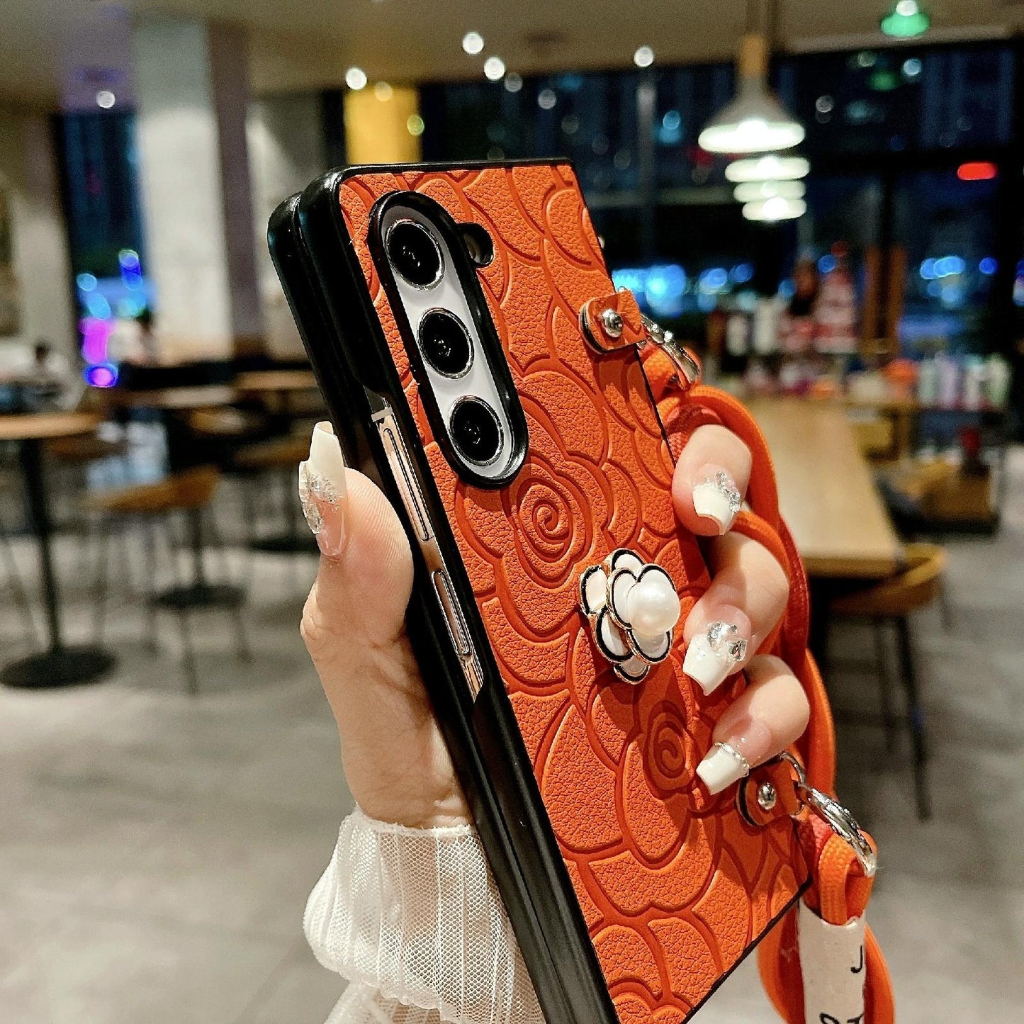 For Samsung Galaxy Z Fold4 5G Camellia Pattern Phone Case With Lanyard - Black