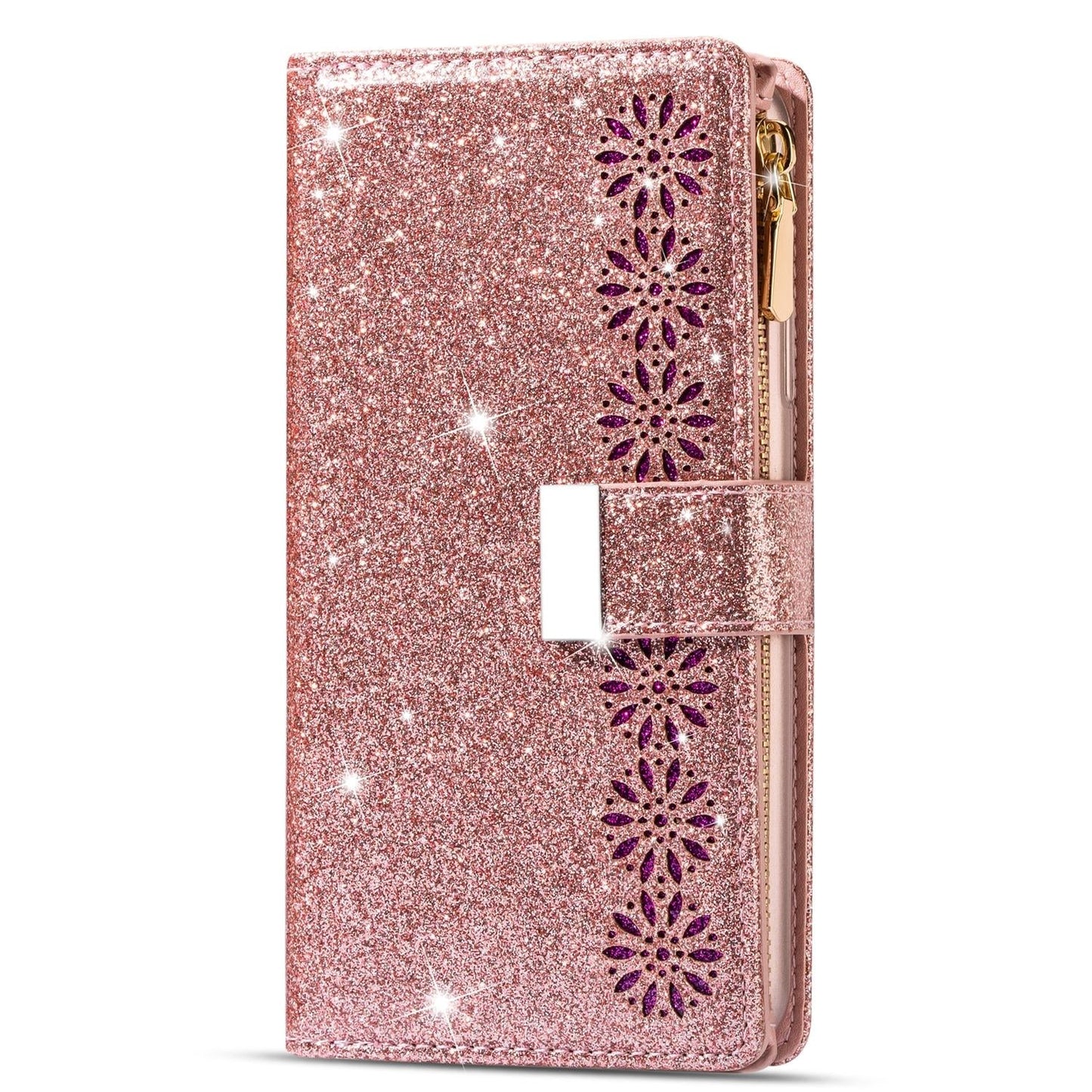 Sparkling Leather Zip Case for Samsung Galaxy z Fold 4 - Zipper Closure - Rose Gold