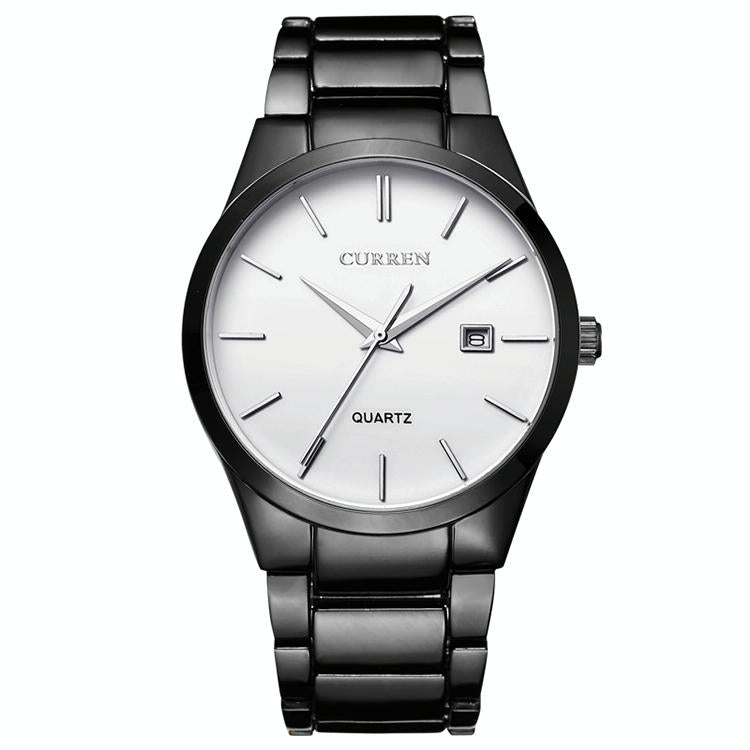 Waterproof Full Steel Quartz Watch - Fashion Business Calendar - White Case White Face