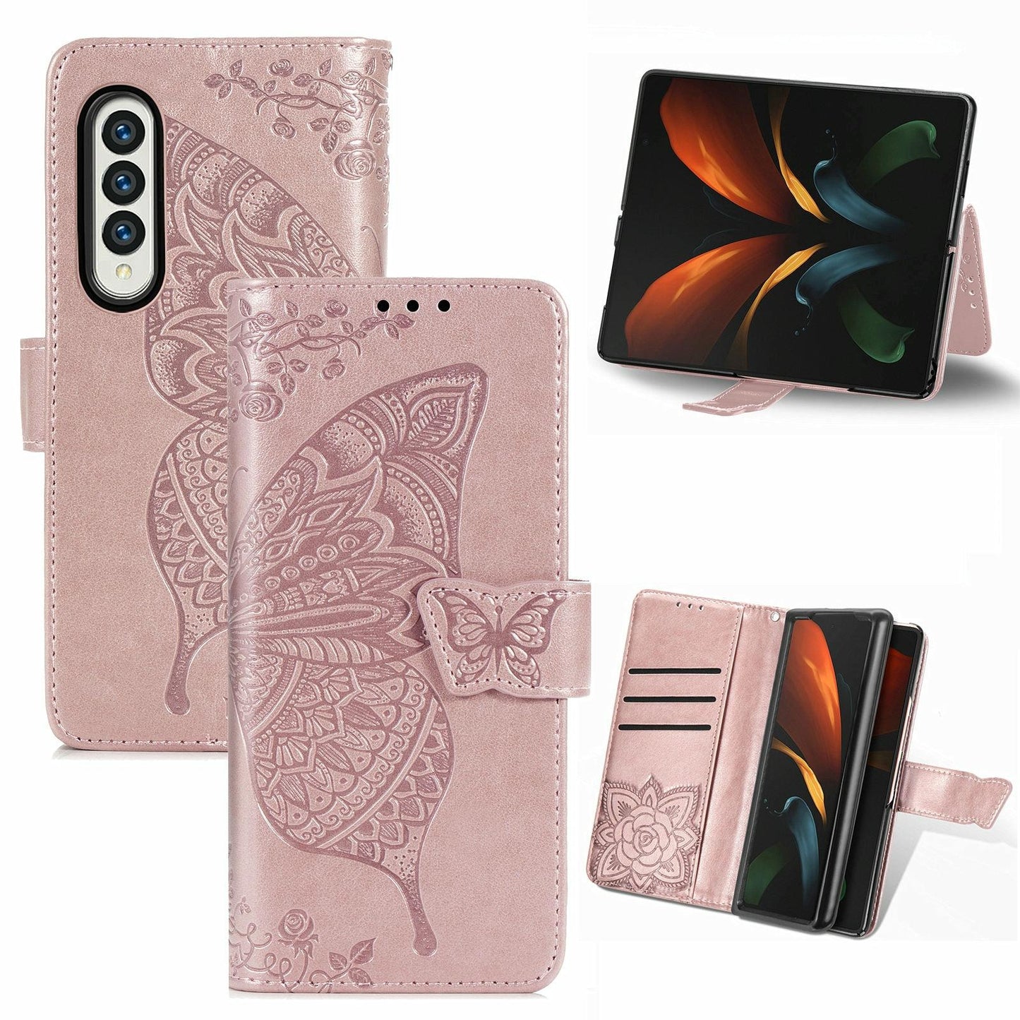 Embossed Butterfly Love Leather Case for Samsung Galaxy z Fold 4 - Flower Design - Rose Gold