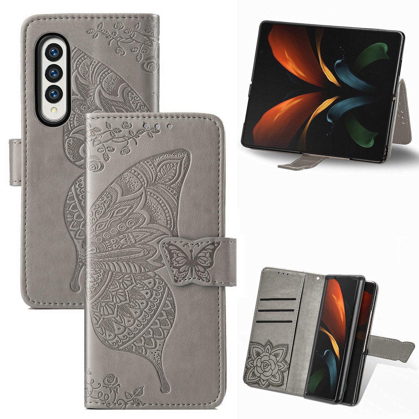 Embossed Butterfly Love Leather Case for Samsung Galaxy z Fold 4 - Flower Design - Rose Gold