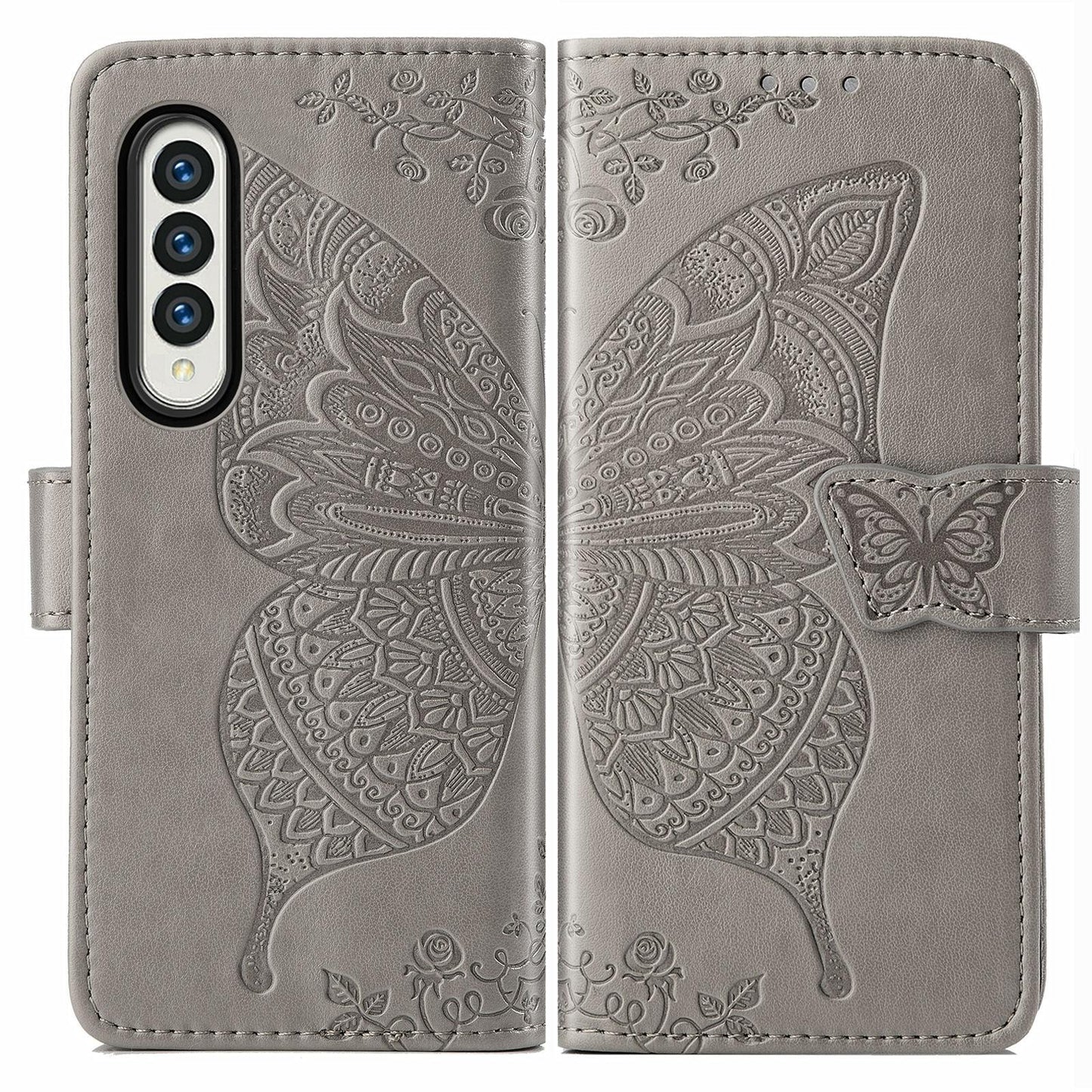 Embossed Butterfly Love Leather Case for Samsung Galaxy z Fold 4 - Flower Design - Rose Gold