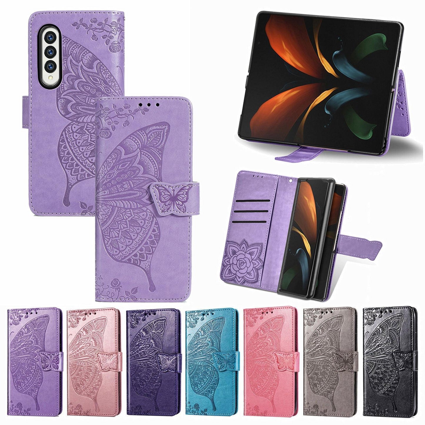 Embossed Butterfly Love Leather Case for Samsung Galaxy z Fold 4 - Flower Design - Rose Gold