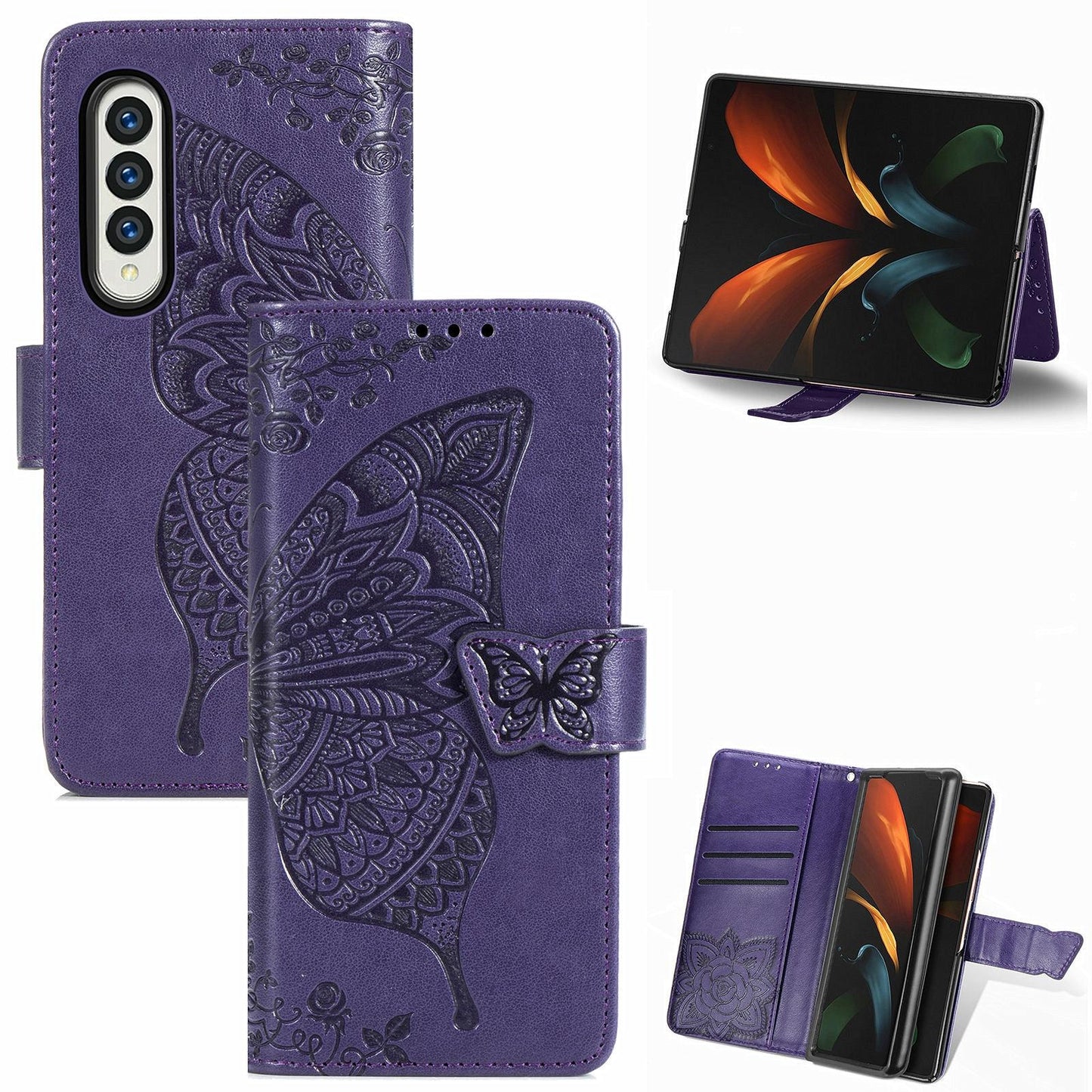 Embossed Butterfly Love Leather Case for Samsung Galaxy z Fold 4 - Flower Design - Rose Gold