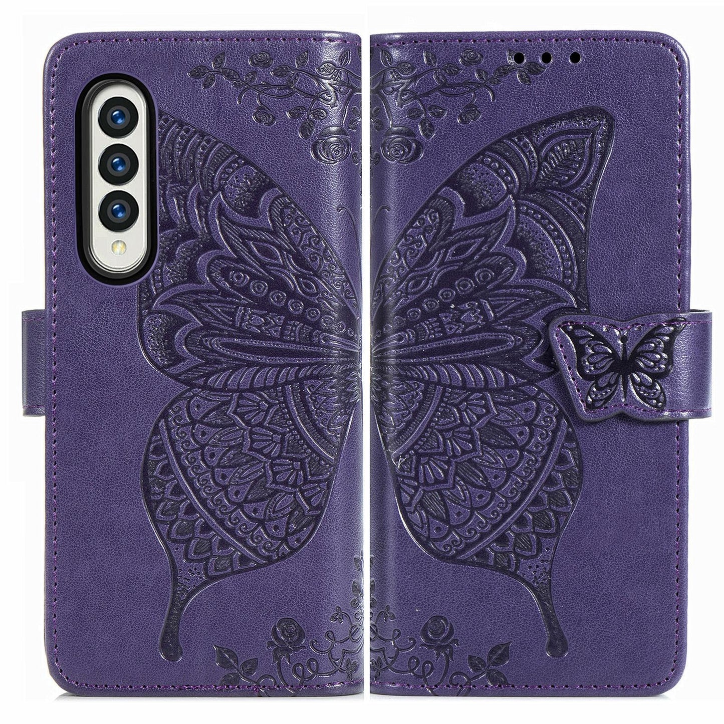 Embossed Butterfly Love Leather Case for Samsung Galaxy z Fold 4 - Flower Design - Rose Gold