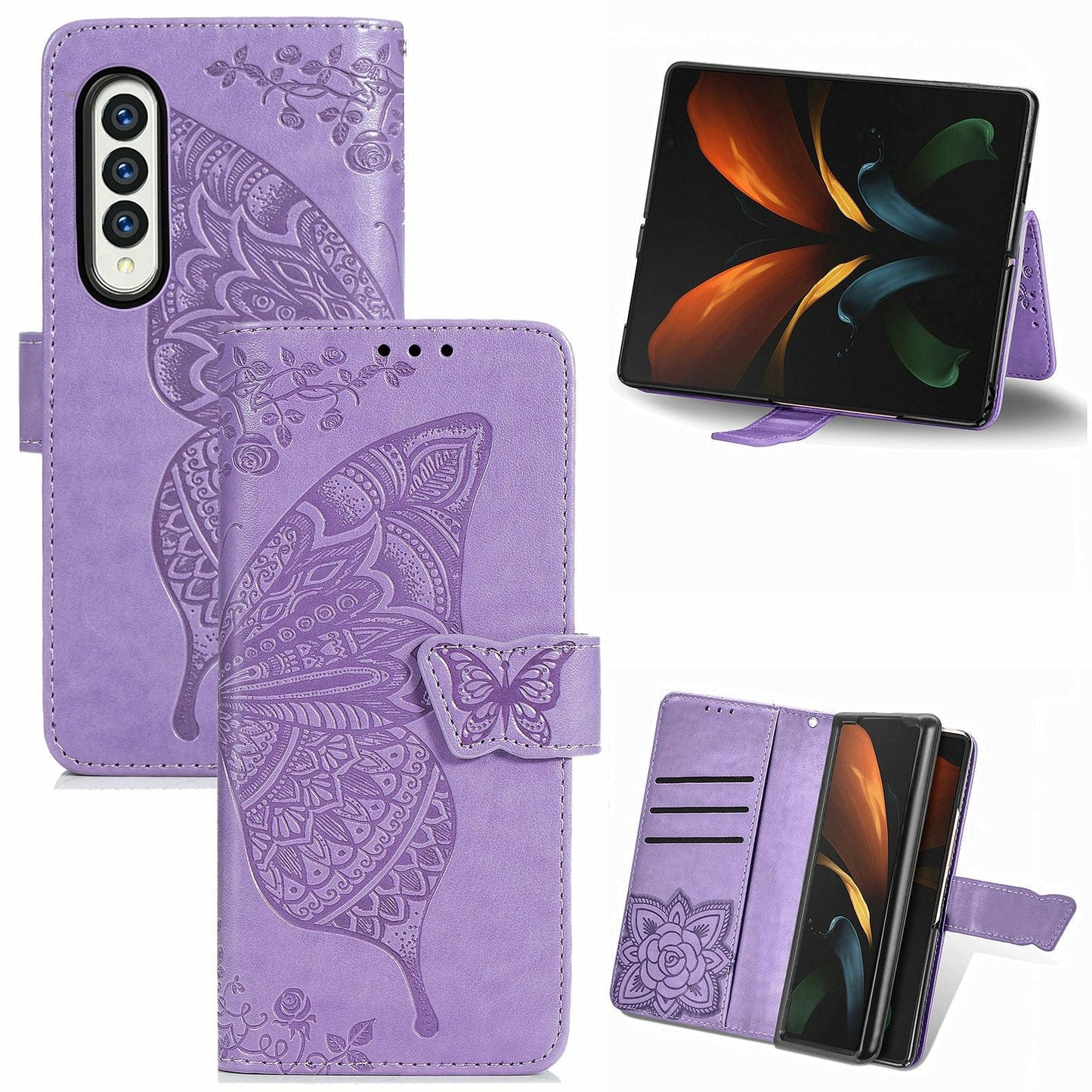 Embossed Butterfly Love Leather Case for Samsung Galaxy z Fold 4 - Flower Design - Rose Gold