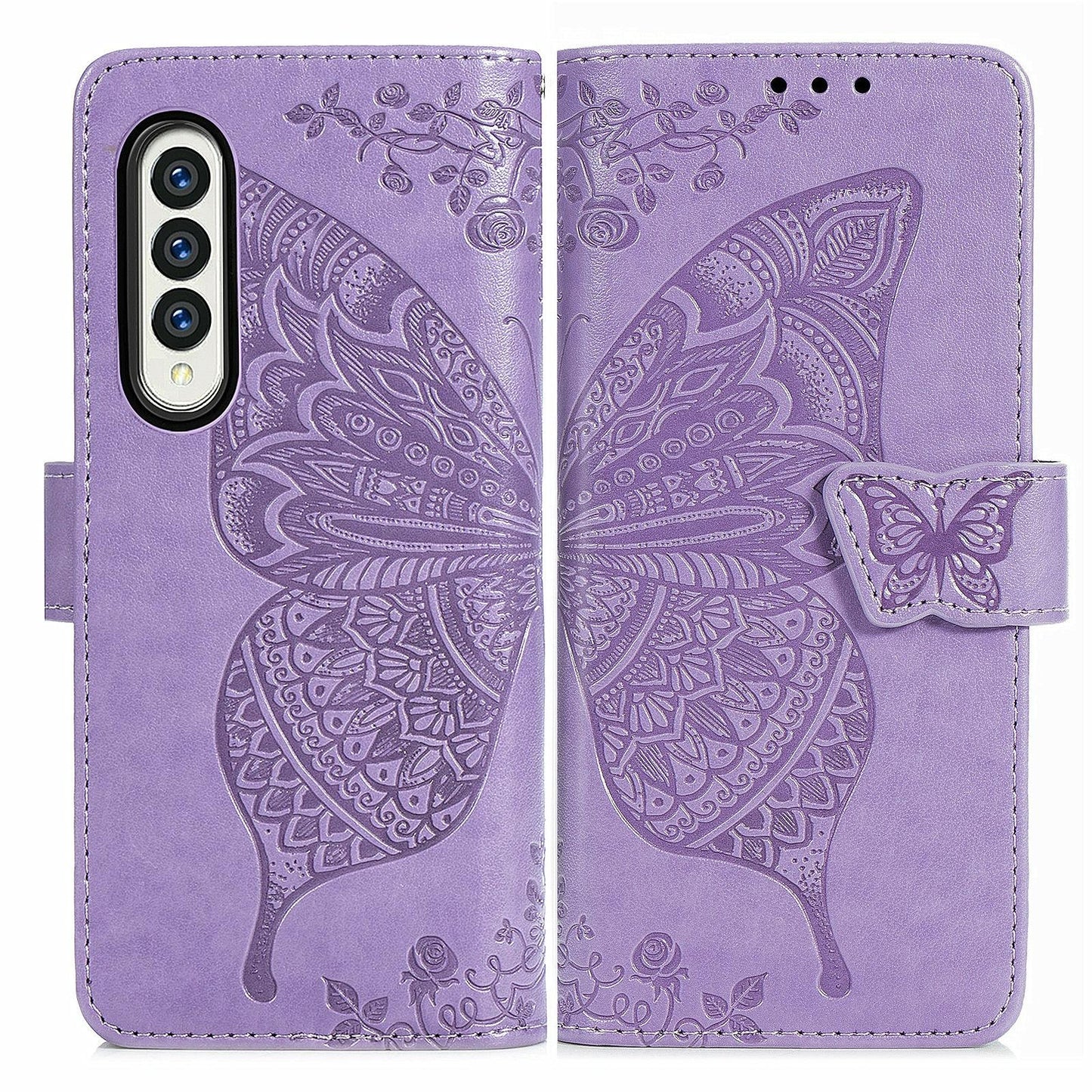 Embossed Butterfly Love Leather Case for Samsung Galaxy z Fold 4 - Flower Design - Rose Gold