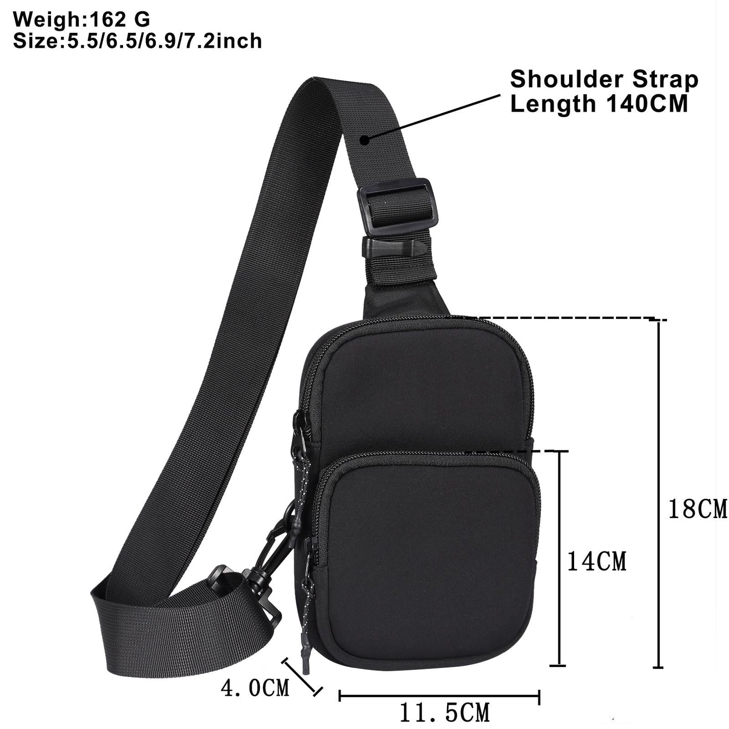 Universal Nylon Chest Bag For 5.5 Inch -7.2 Inch Phones Fashionable And Functional - Black
