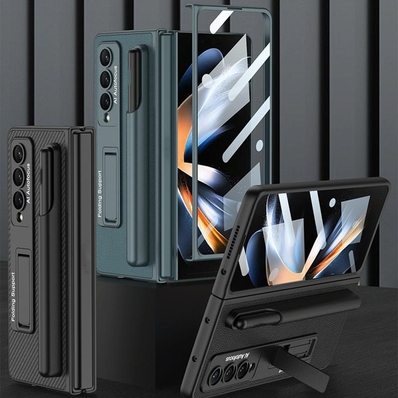 Leather Case with Holder & Pen Slots for Samsung Galaxy z Fold 4 - Thin & Shockproof - Silver