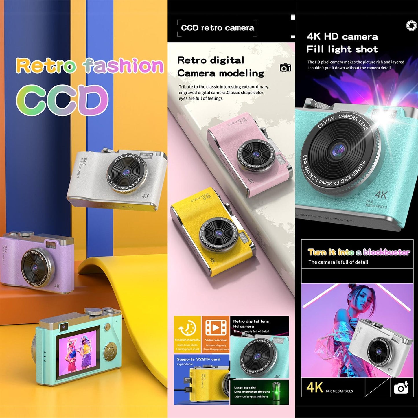 Retro Kids Camera With Dual-Lens 4K Hd Ccd - 2.4 Inch - Green