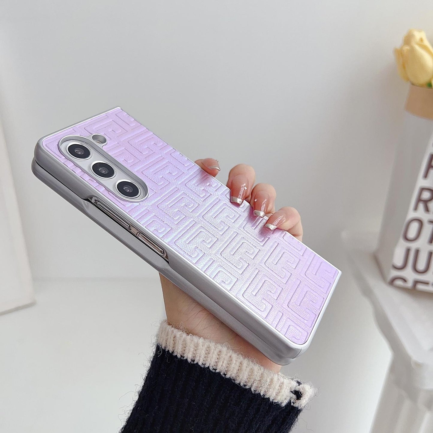 Geometric Gradient Leather Phone Case for Samsung Galaxy z Fold 4 5g - Pearlescent Finish - Pink