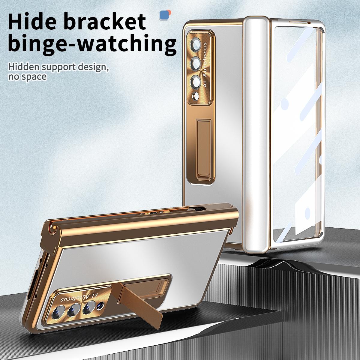 Shockproof Aluminum Double Hinge Case for Samsung Galaxy z Fold 4 - Silver Gold