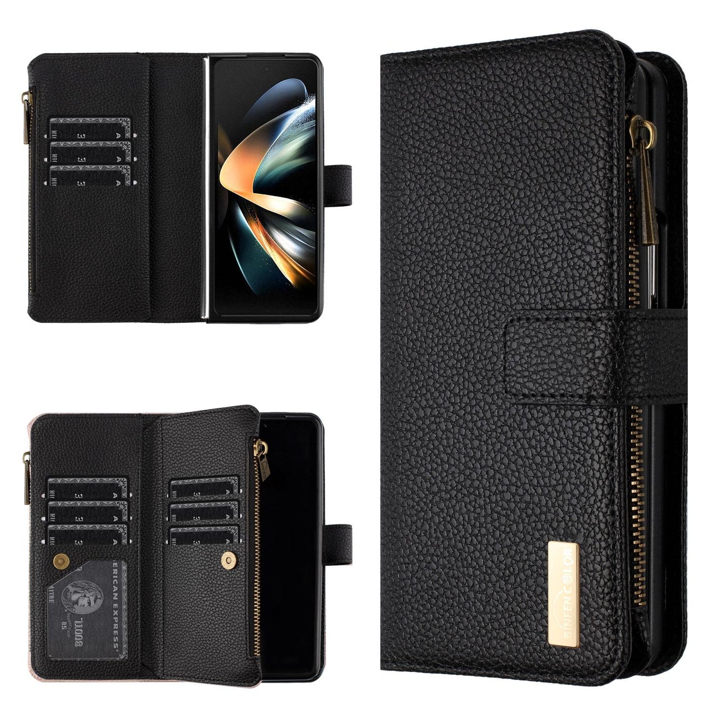 For Samsung Galaxy Z Fold4 5G Litchi Texture Zip Wallet - Gold
