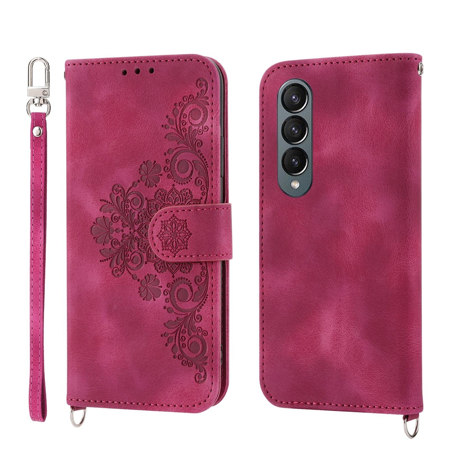 Floral Leather Phone Wallet for Samsung Galaxy z Fold 4 - Embossed - Wine Red