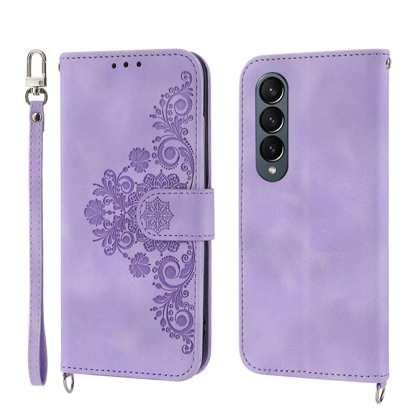Floral Leather Phone Wallet for Samsung Galaxy z Fold 4 - Embossed - Wine Red
