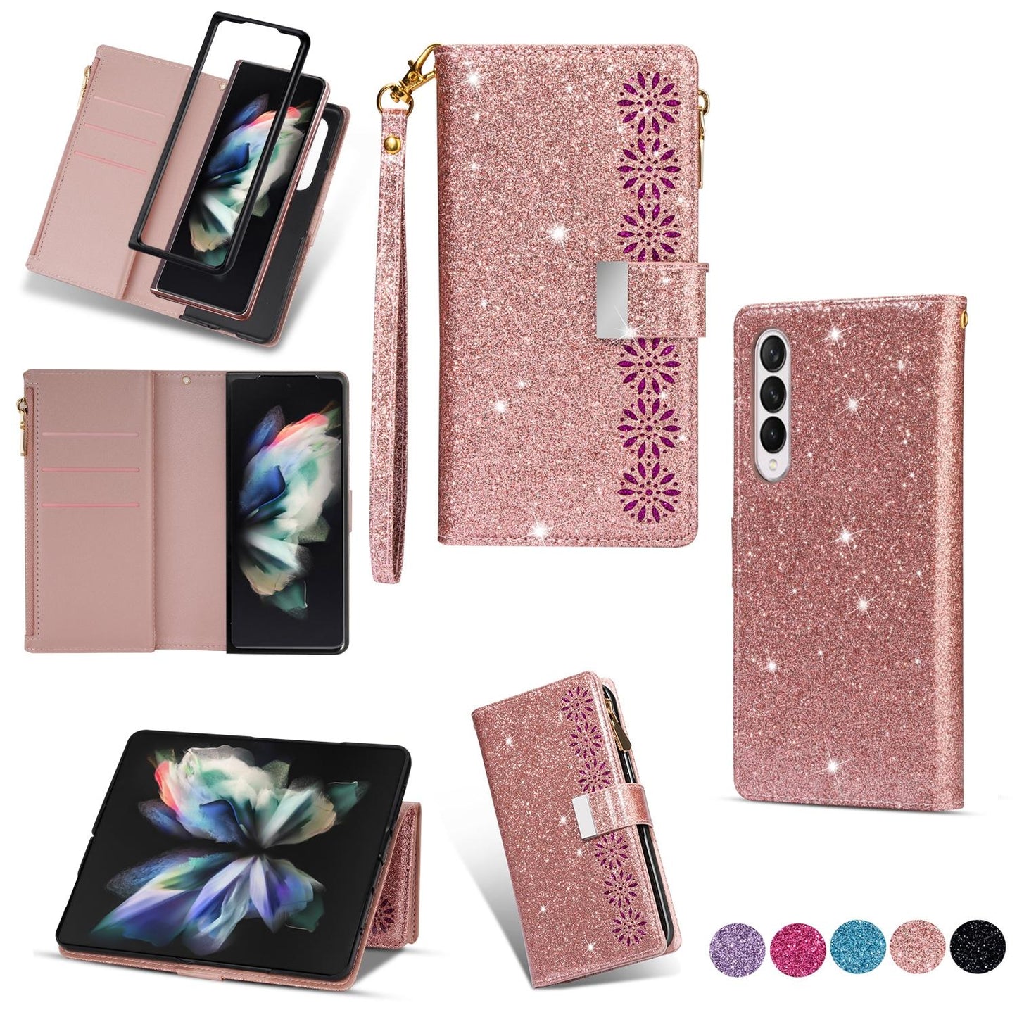 Sparkling Leather Zip Case for Samsung Galaxy z Fold 4 - Zipper Closure - Black