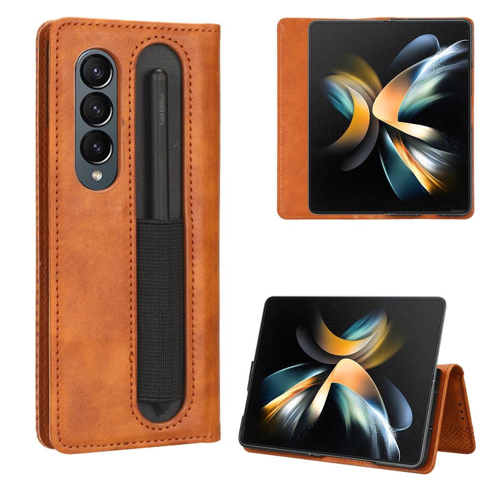 Vintage Leather Phone Case for Samsung Galaxy z Fold 4 5g with Magnetic Buckle - Brown
