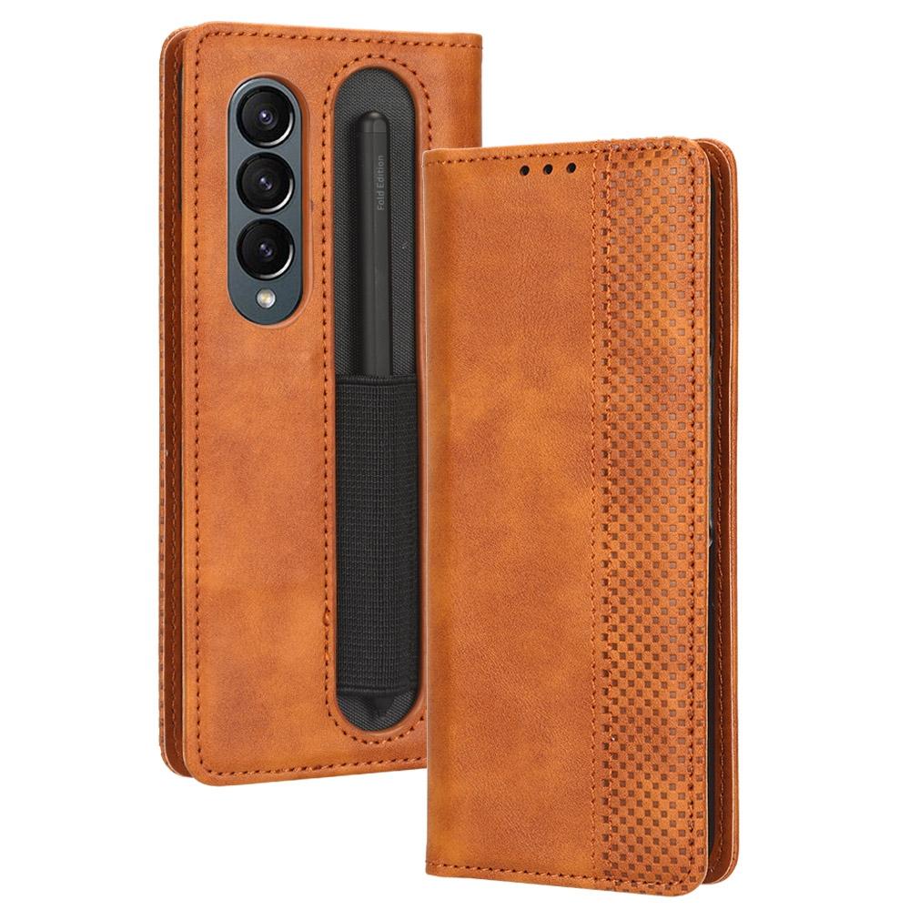 Vintage Leather Phone Case for Samsung Galaxy z Fold 4 5g with Magnetic Buckle - Brown