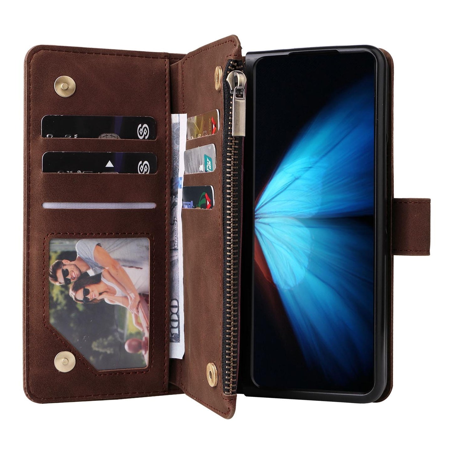 Frosted Leather Zip Wallet for Samsung Galaxy z Fold 4 - Compact and Stylish - Brown