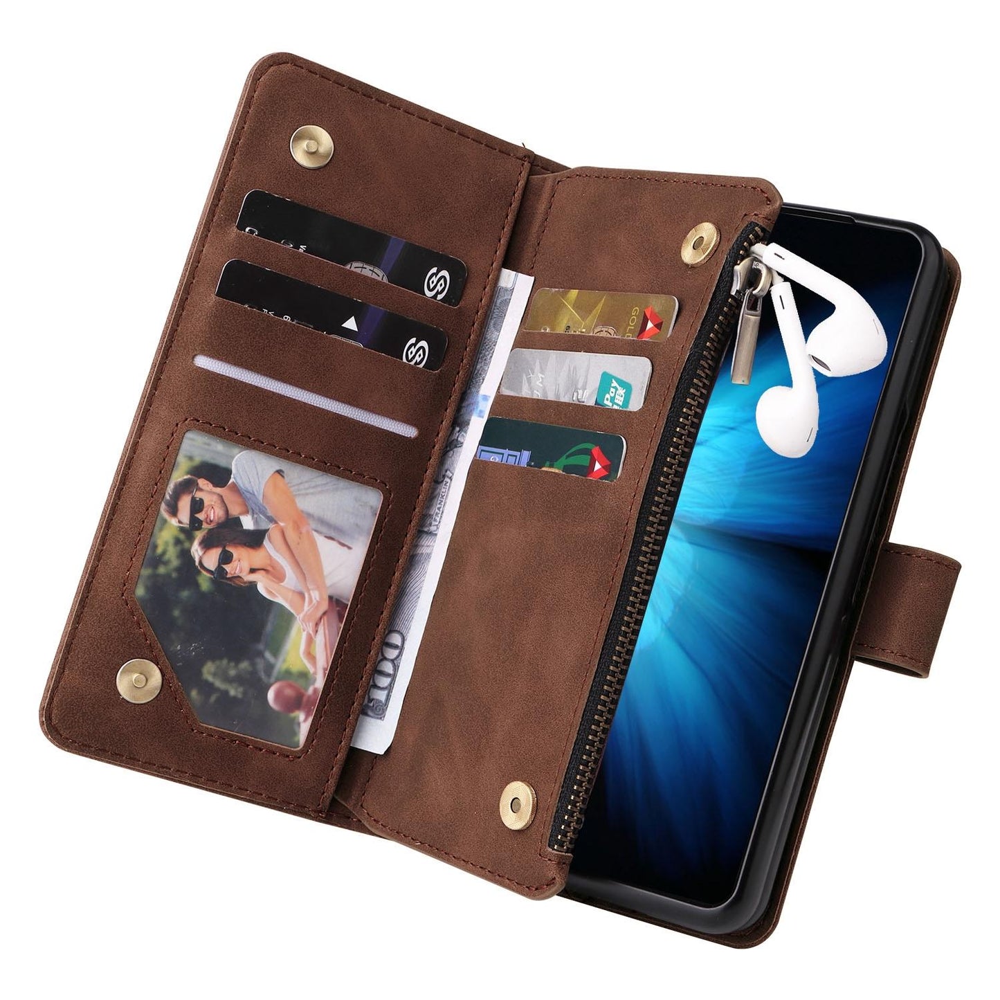 Frosted Leather Zip Wallet for Samsung Galaxy z Fold 4 - Compact and Stylish - Brown
