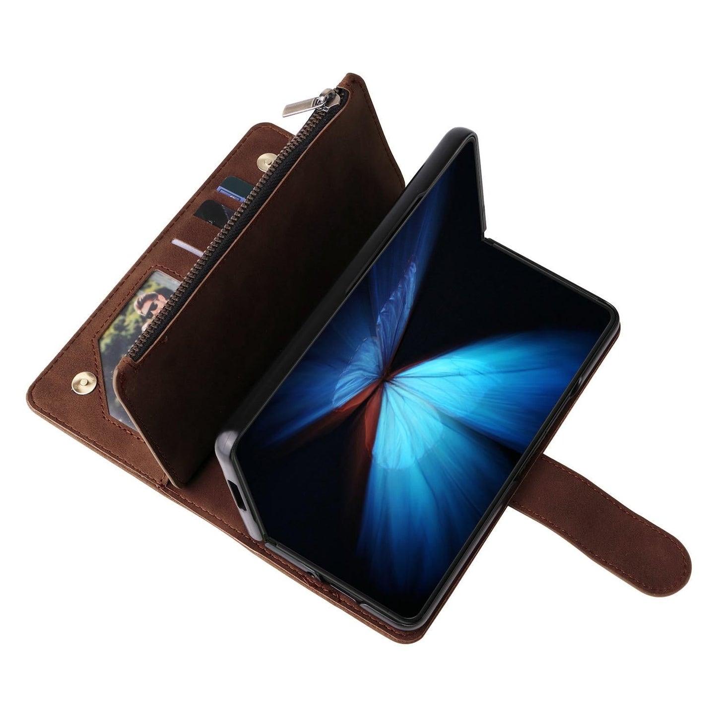 Frosted Leather Zip Wallet for Samsung Galaxy z Fold 4 - Compact and Stylish - Brown