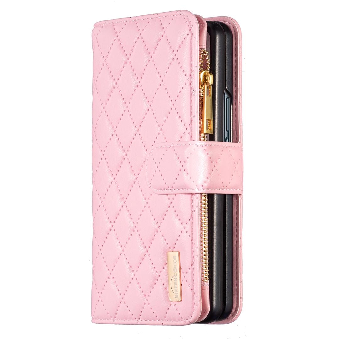 For Samsung Galaxy Z Fold4 5G Leather Zip Wallet - Diamond Lattice Design - White