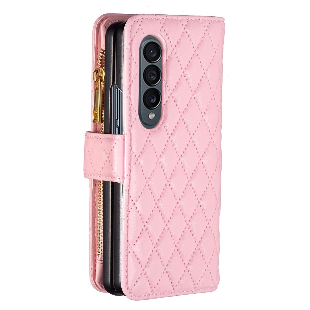 For Samsung Galaxy Z Fold4 5G Leather Zip Wallet - Diamond Lattice Design - White