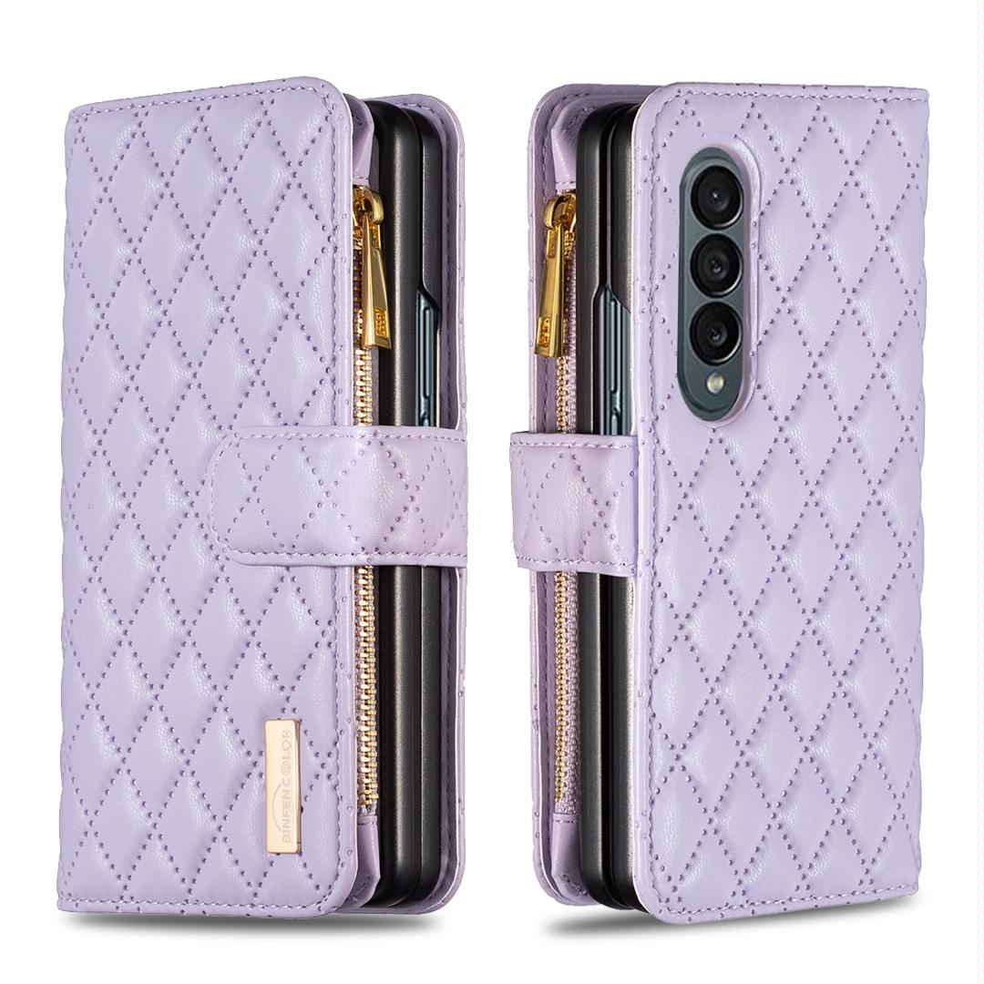 For Samsung Galaxy Z Fold4 5G Leather Zip Wallet - Diamond Lattice Design - White