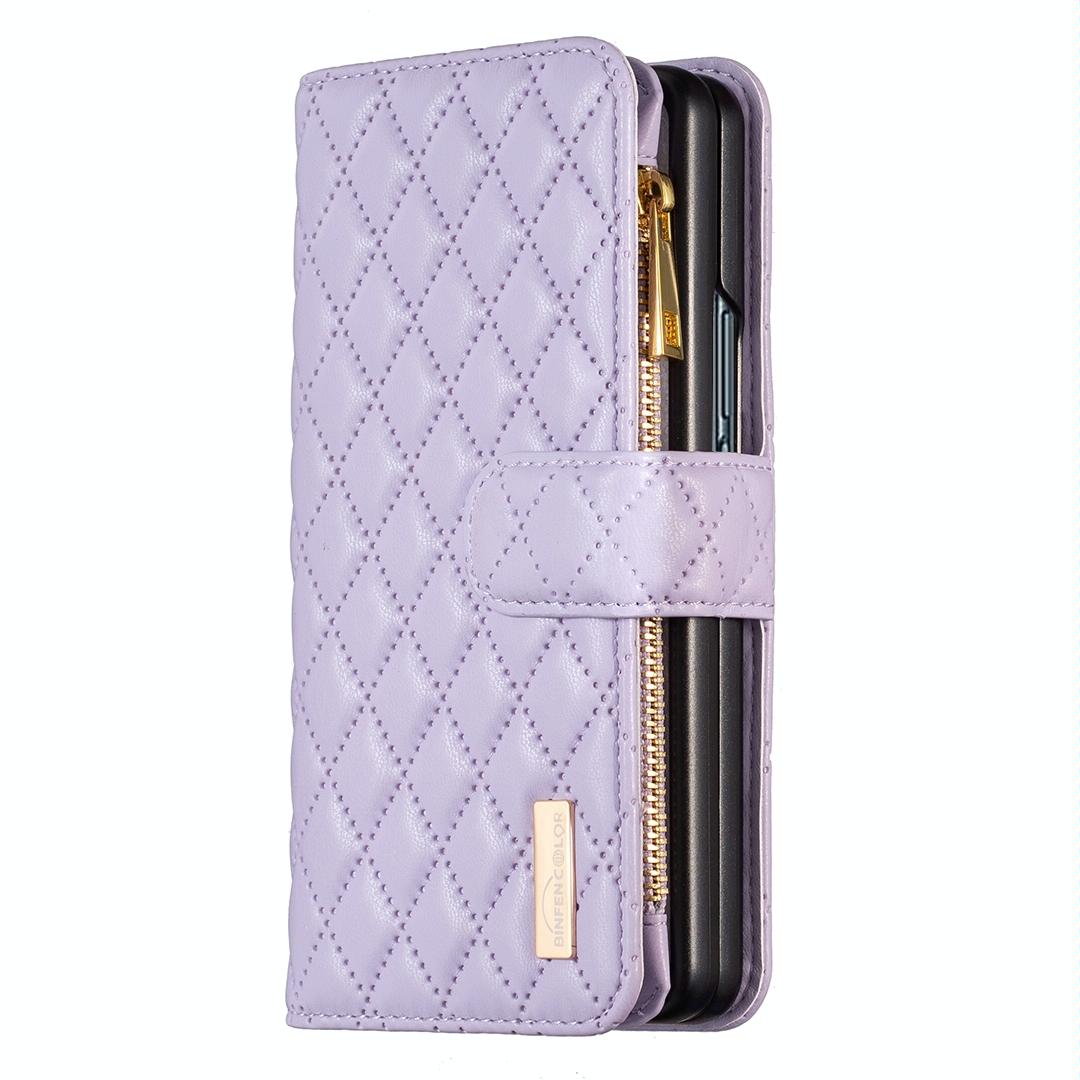 For Samsung Galaxy Z Fold4 5G Leather Zip Wallet - Diamond Lattice Design - White