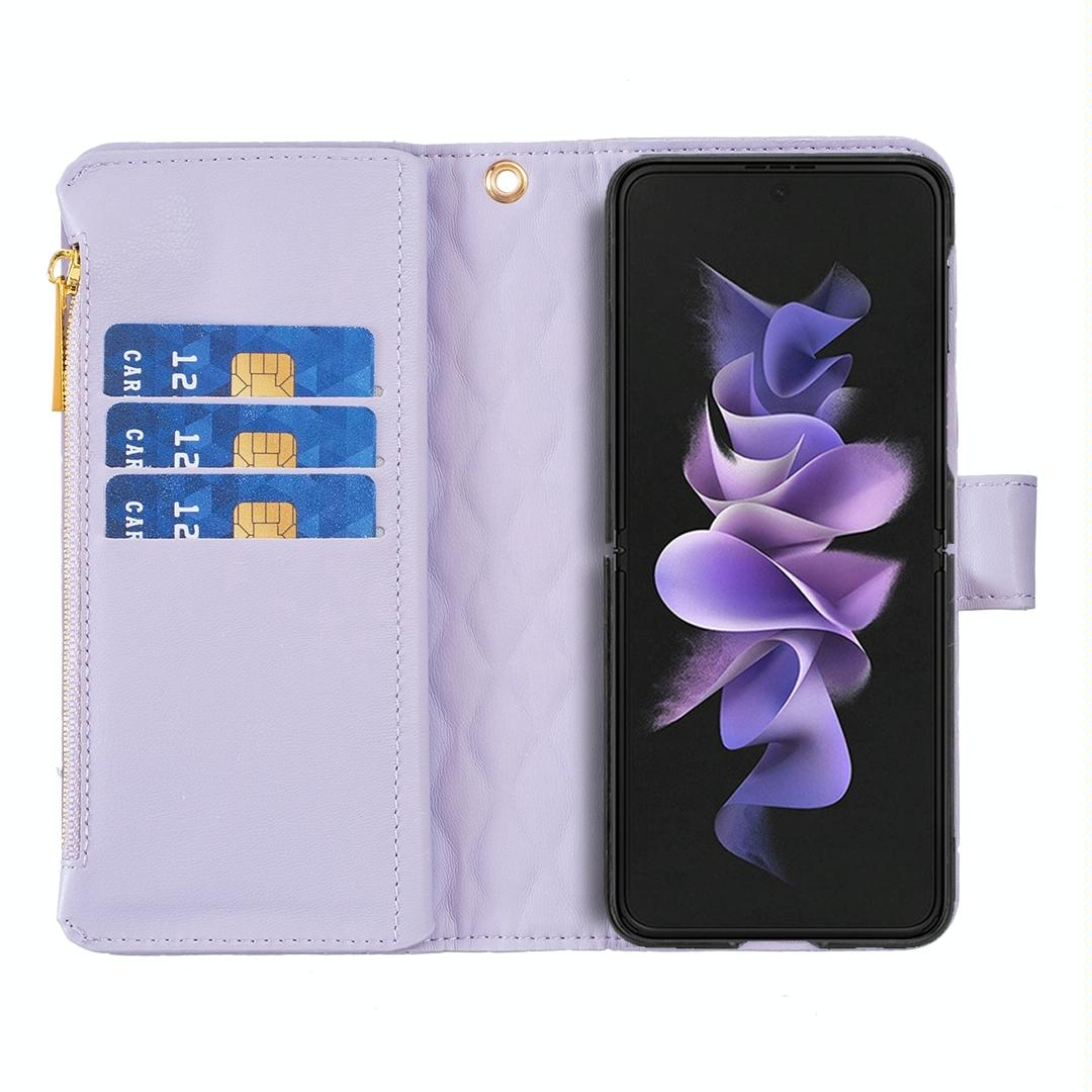 For Samsung Galaxy Z Fold4 5G Leather Zip Wallet - Diamond Lattice Design - White