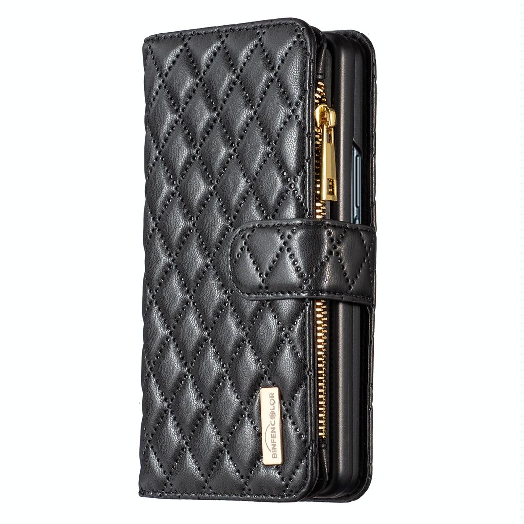 For Samsung Galaxy Z Fold4 5G Leather Zip Wallet - Diamond Lattice Design - White
