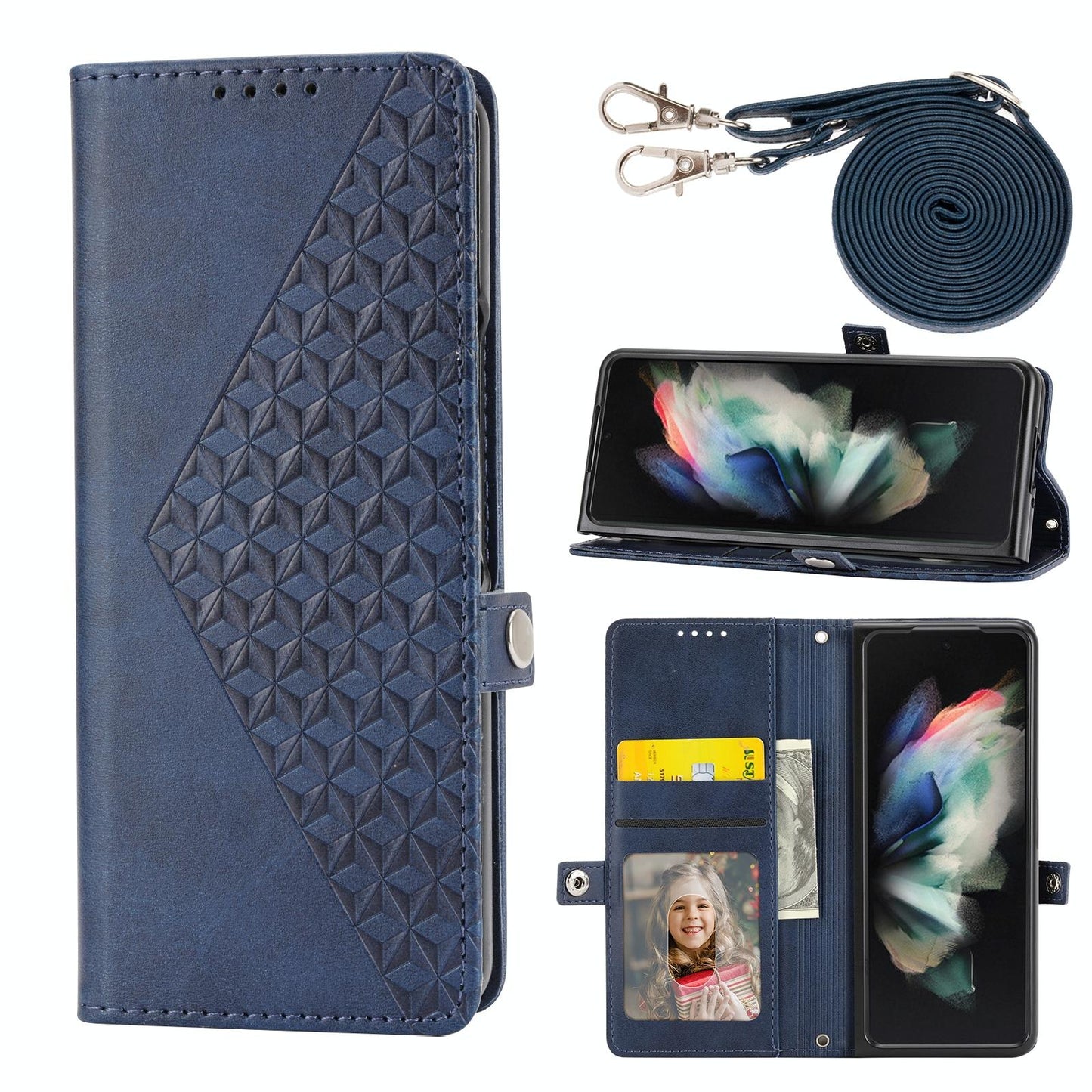 Leather Grid Texture Phone Case with Lanyard for Samsung Galaxy z Fold 4 - Blue