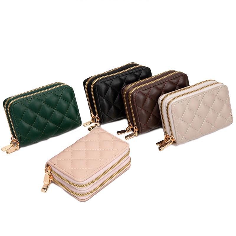 Double Layer Zipper Wallet Multi Card Slot Large Capacity Rhombus Design - Pink