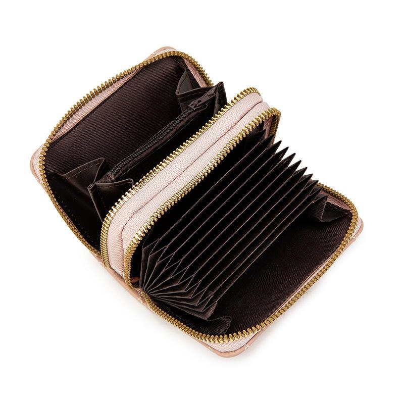 Double Layer Zipper Wallet Multi Card Slot Large Capacity Rhombus Design - Pink