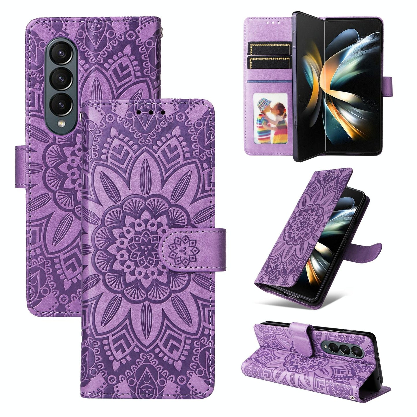 Sunflower Embossed Leather Phone Case for Samsung Galaxy z Fold 4 / 5g - Rose Gold