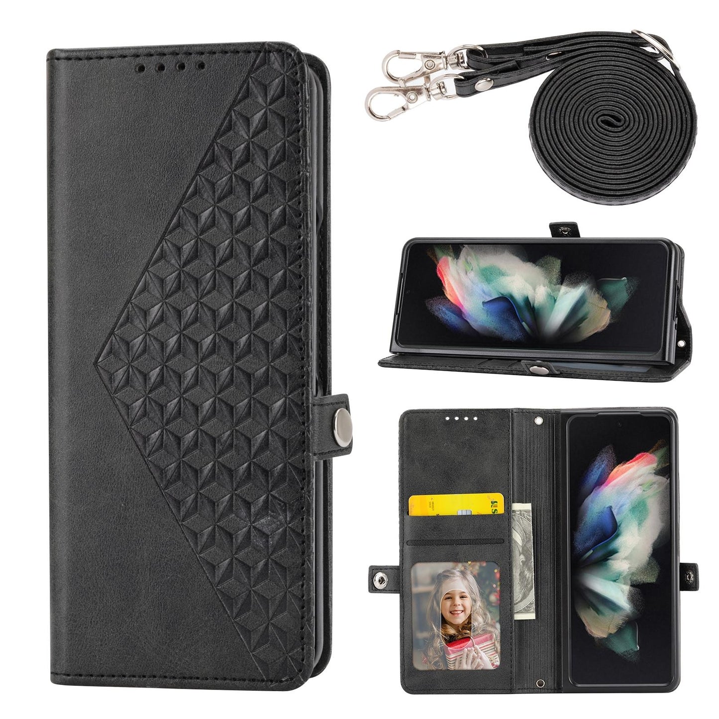 Leather Grid Texture Phone Case with Lanyard for Samsung Galaxy z Fold 4 - Yellow