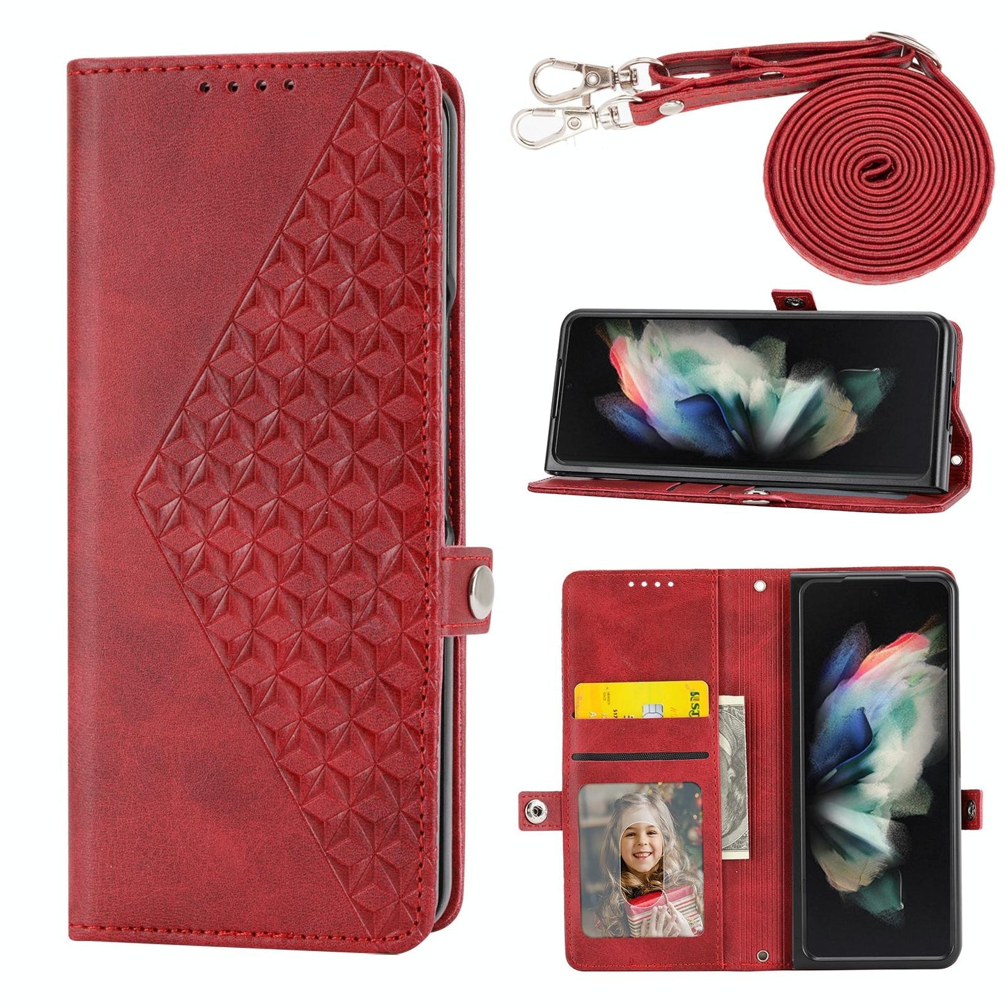 Leather Grid Texture Phone Case with Lanyard for Samsung Galaxy z Fold 4 - Yellow