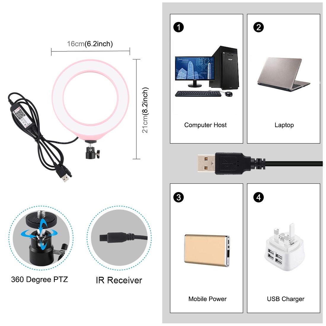 Dimmable 6.2 Usb Rgbw Led Ring Light with Cold Shoe Tripod & Remote - Pink