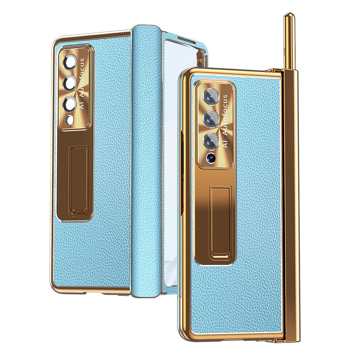 Shockproof Magnetic Litchi Pattern Phone Case for Samsung Galaxy z Fold 4 - Blue Gold