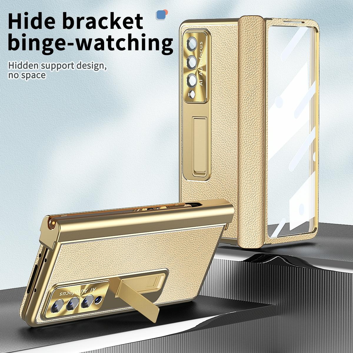 Shockproof Magnetic Litchi Pattern Phone Case for Samsung Galaxy z Fold 4 - Blue Gold