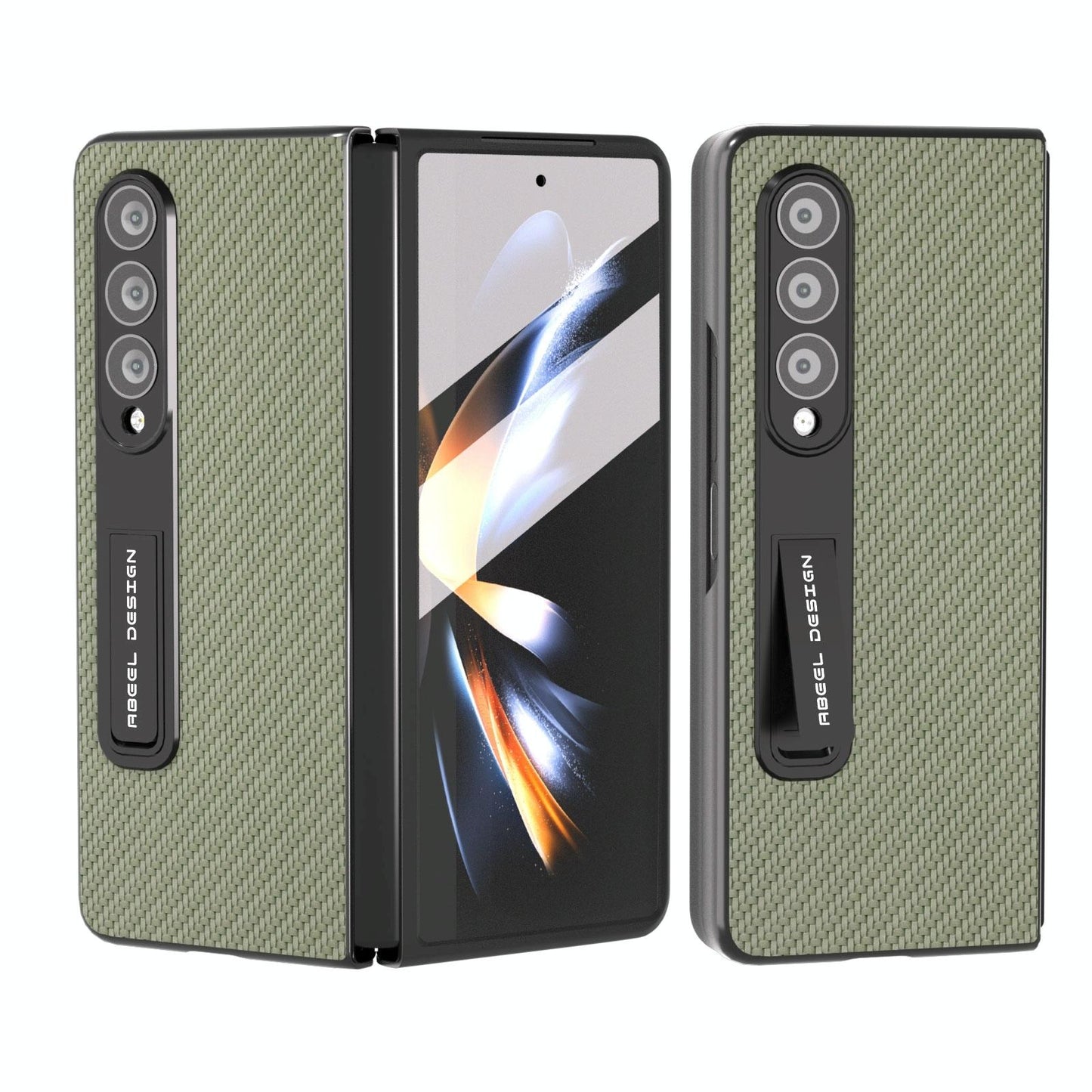 For Samsung Galaxy Z Fold4 5G Carbon Fiber Phone Case With Holder - Black