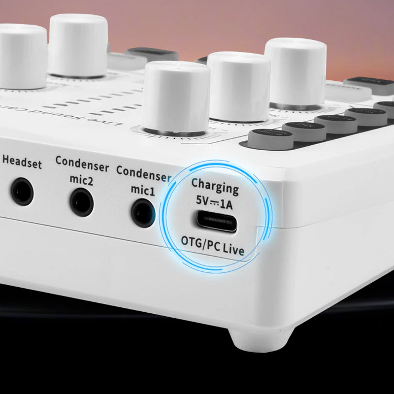 Vibe Geeks Noise Reduction Sound Card Digital Audio Mixer for Live Streaming-typec Rechargeable - White