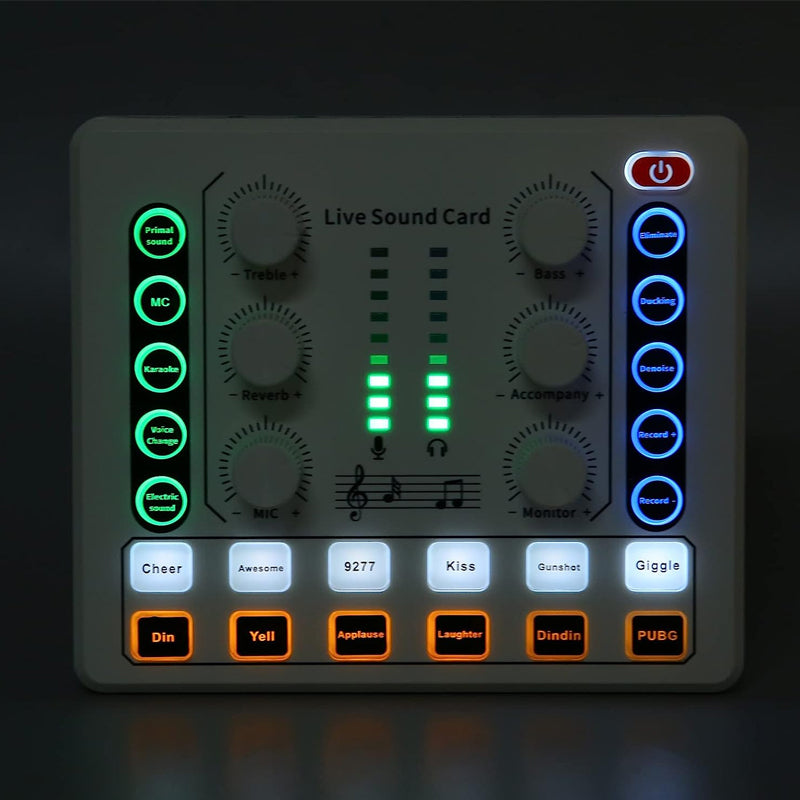 Vibe Geeks Noise Reduction Sound Card Digital Audio Mixer for Live Streaming-typec Rechargeable - White