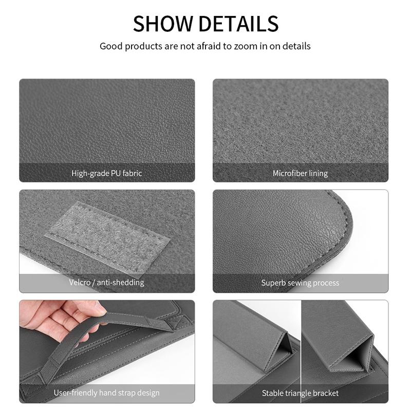 Universal 4-In-1 Laptop Bag Set Waterproof Pu Leather Handle Stand Pen Holder Winders Mouse & Charger Bags - 13 / 14 Inch - Grey