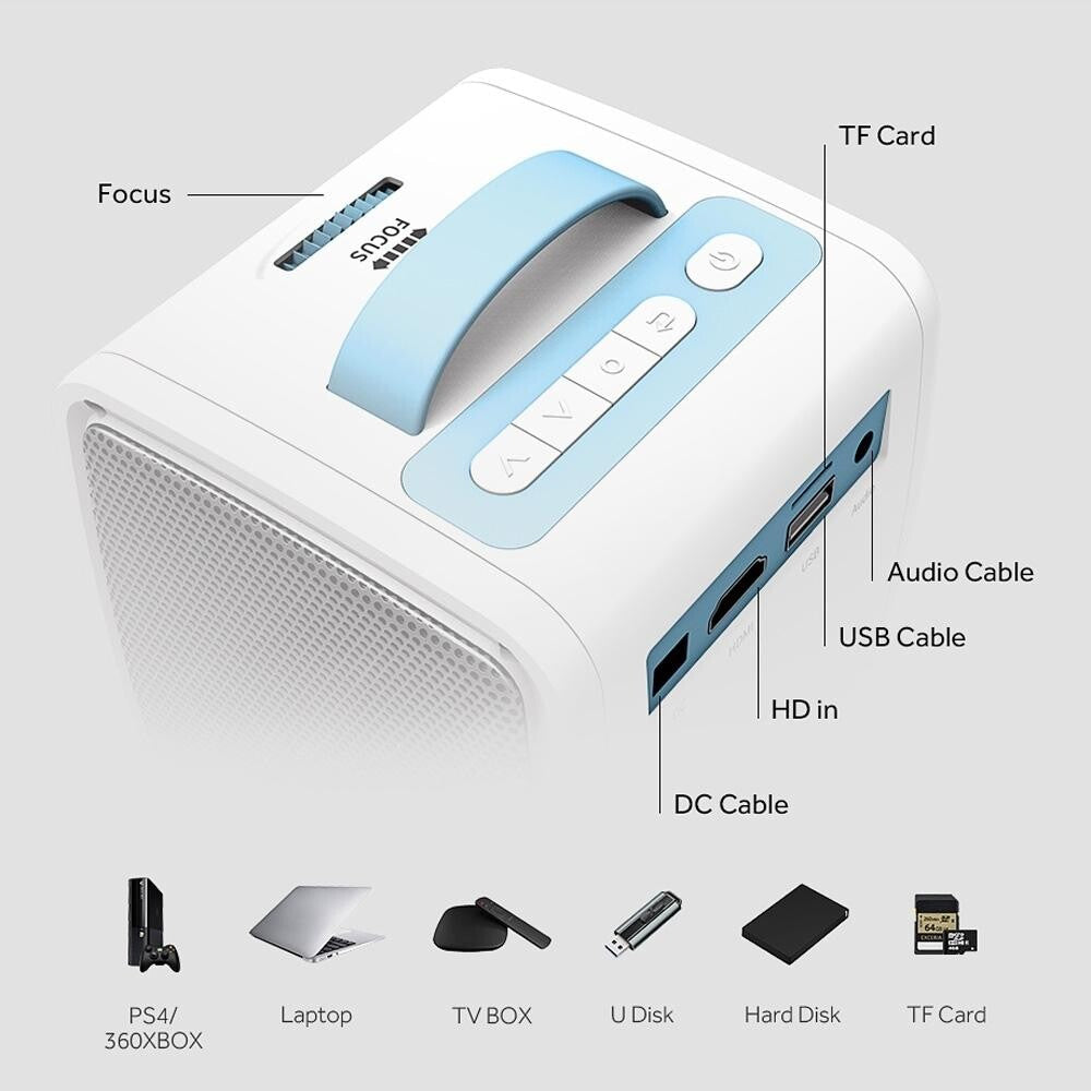 10W Children Video Projector - 30 Lumens Hd 1080P Lcd Technology Supports Av / Usb / Mini Sd / Hdmi / Audio - White - Blue