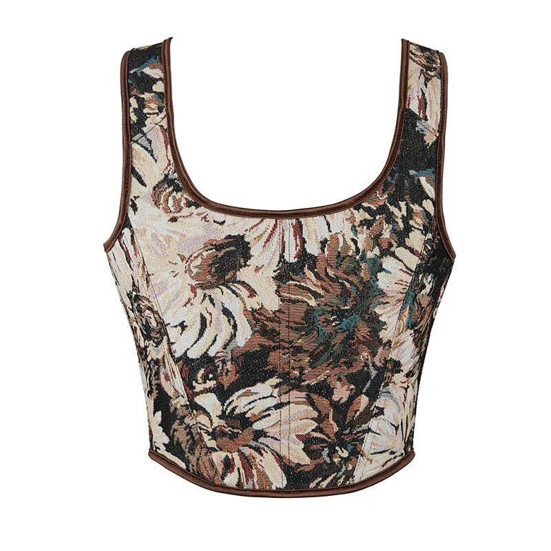 Brown Steampunk Corset Bustier Shoulder Strap Sleeveless Tank Top With Lace-Up Boning - Xl