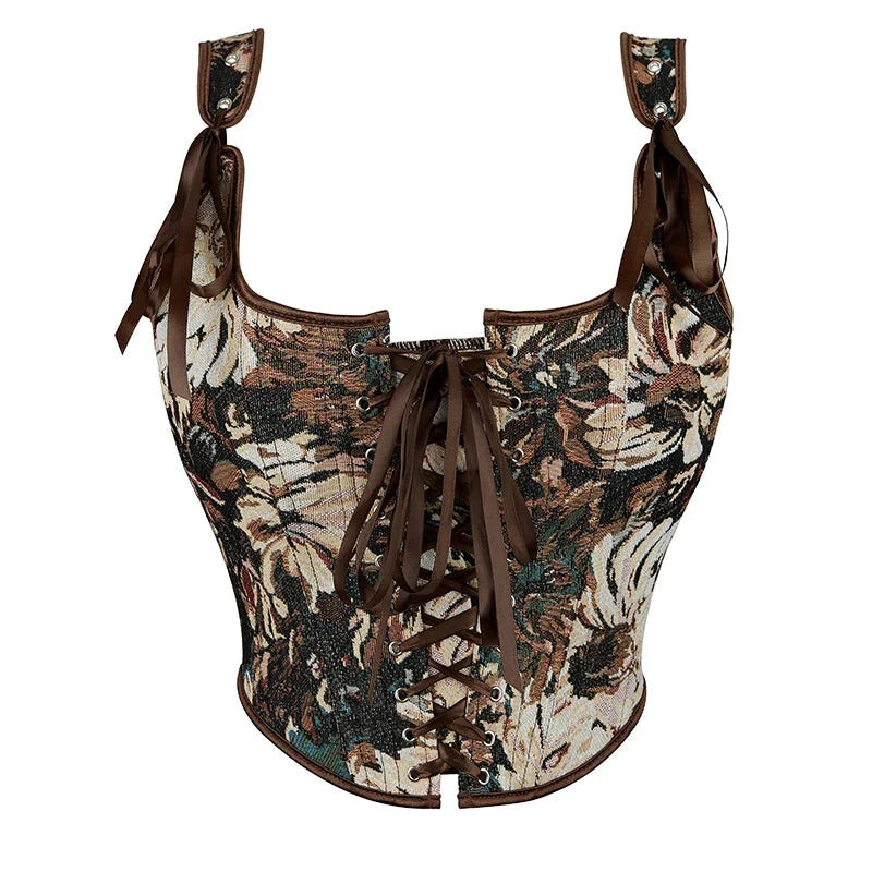 Brown Steampunk Corset Bustier Shoulder Strap Sleeveless Tank Top With Lace-Up Boning - Xl